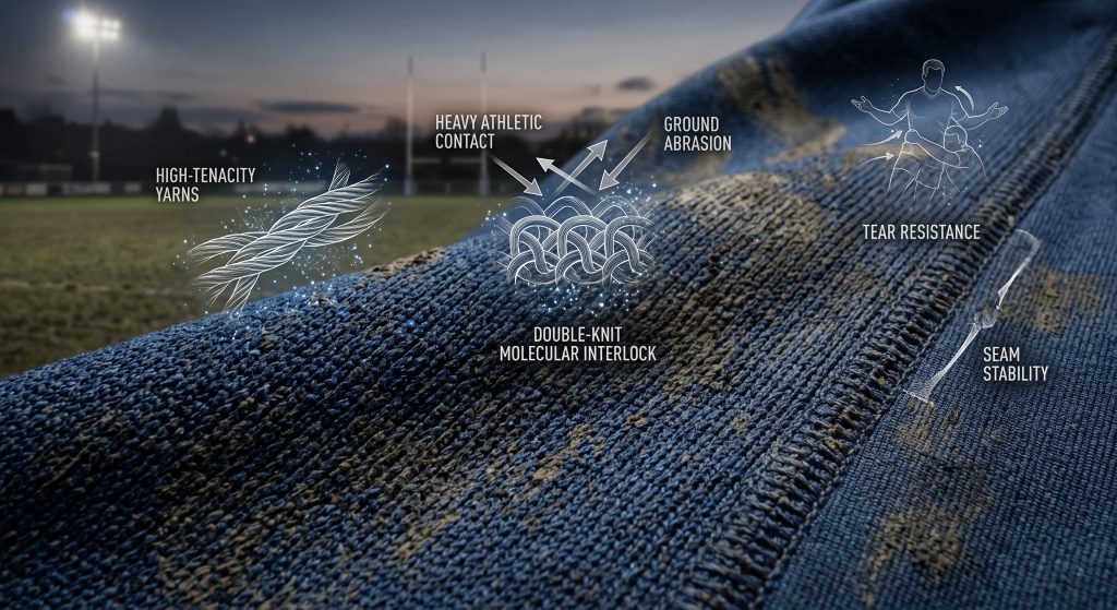 A high-definition close-up shot of heavy-duty synthetic rugby jersey fabric, showcasing the interlocked double-knit texture of a high-tenacity nylon and polyester blend. Conceptual blue diagrams visualize how twisted 'HIGH-TENACITY YARNS' and interlocked loops within the 'DOUBLE-KNIT INTERLOCK' structure repel forces of 'HEAVY ATHLETIC CONTACT' and 'GROUND ABRASION,' emphasizing durable protection against tearing and seam splitting on a gritty pitch background.