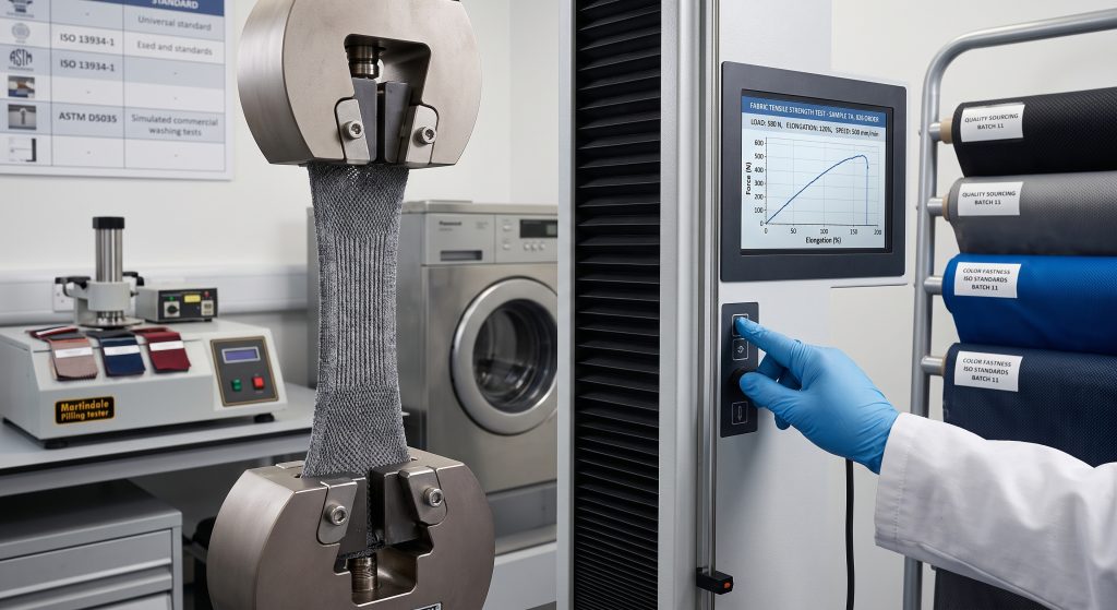 A close-up photograph of a high-tenacity grey synthetic performance sportswear fabric being stretched in a universal testing machine within a laboratory, measuring its tensile strength for durability in contact sports and commercial washing.