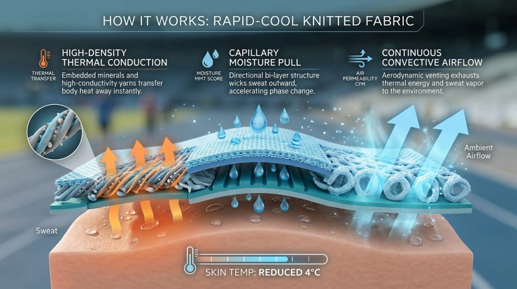 An informative cross-section diagram illustrating how sportswear rapid-cool knitted fabric works: showing high-density thermal conduction pulling heat from skin via mineral-infused yarns, capillary moisture wicking sweat outward through a bi-layer structure, and continuous convective airflow exhausting vapor and thermal energy, resulting in reduced skin temperature during exertion.