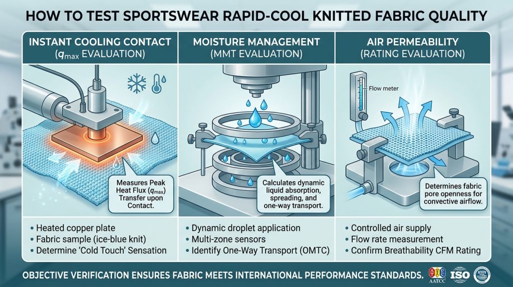 A professional infographic diagram illustrating laboratory testing methods for 'Sportswear Rapid-Cool Knitted Fabric' quality, demonstrating $q_{max}$ (instant cooling), Moisture Management (MMT) evaluation, and Air Permeability rating, ensuring objective verification for international standards. Specific callouts show lab equipment and fabric samples.