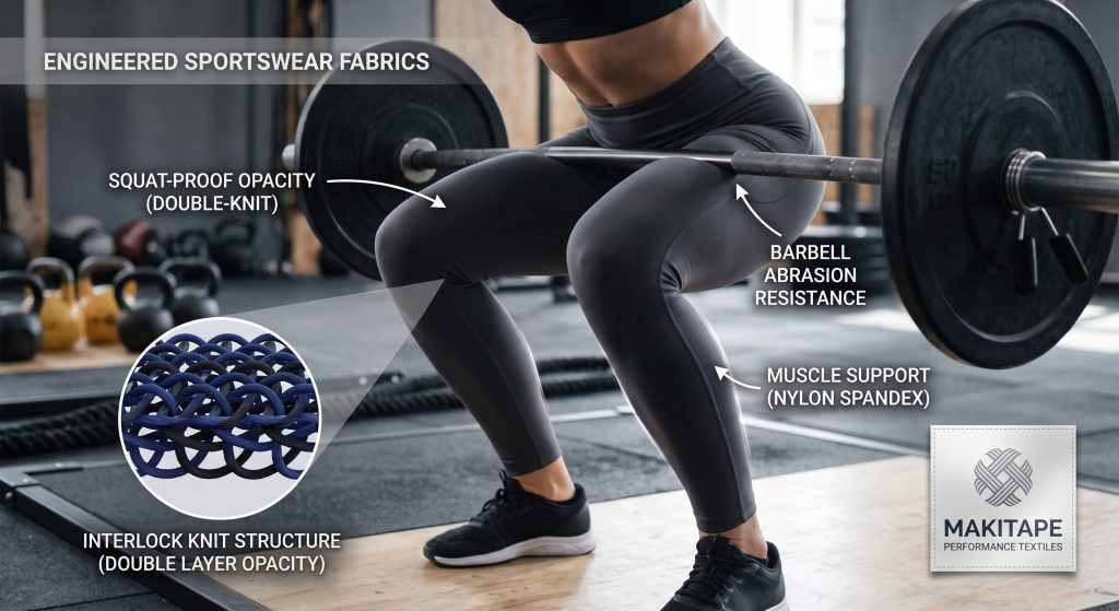 A photorealistic medium shot focuses on a female athlete executing a deep squat in the gym. The high-density nylon spandex interlock leggings stretch significantly but maintain perfect opacity, while a heavy barbell rests against her quad, illustrating barbell abrasion resistance. Multiple arrows and clear technical labels like "SQUAT-PROOF OPACITY (DOUBLE-KNIT)", "BARBELL ABRASION RESISTANCE", and "MUSCLE SUPPORT" point to the specific performance benefits. An inset magnified view visualizes the interwoven double-knit structure. A subtle textile badge label identifies the technology as performance engineering. The setting is a professional gym environment with other equipment subtly visible.
