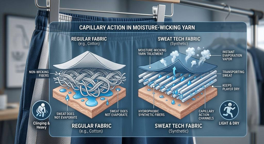 A conceptual diagram illustrating how sweat technology in basketball shorts fabric works. A close-up view of dynamic synthetic wicking fibers uses a detailed, microscopic cross-section to show capillary action. Arrows trace liquid sweat moving away from the skin, through hydrophobic fiber channels, to the outer fabric surface where it turns into vapor puffs, representing instant evaporation. It contrasts a regular cotton fabric showing pooled sweat and heavy clinging with the wicking fabric showing dry skin and a light garment, using clean icons and labels like 'Moisture-wicking yarn', 'Capillary action technology', and 'Hydrophobic fibers'. The style is a clean, technical infographic for a professional audience.