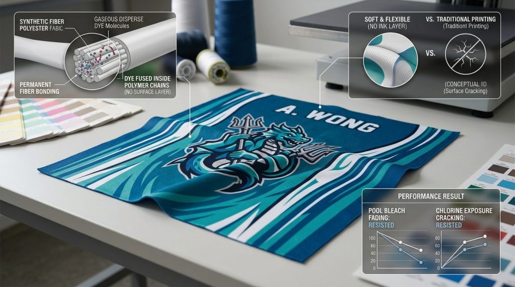 Macro close-up photograph of intricately printed chlorine-resistant synthetic fabric, featuring all-over aquatic stripes, an intricate aquatic dragon mascot, and a custom swimmer name. Integrated conceptual graphical overlays and Loupes, styled with clear technical lines, illustrate the digital dye-sublimation process, explaining 'PERMANENT FIBER BONDING' as dye penetrates and fuses inside synthetic polymer chains. Visual charts compare performance, demonstrating 'Soft & Flexible (No Ink Layer)' results, 'No Cracking,' and 'Pool Bleach Fading: Resisted.' The background of a technical textile studio shows blurred equipment. Soft lighting emphasizes fabric texture and visualization clarity.