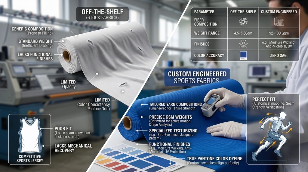 A photorealistic technical comparison illustration showing a split view of a textiles engineer using a spectrometer on a perfectly colored 'Pantone 18-3949 Blue' custom sports fabric roll, contrasting its precise GSM, specialized texturizing, and functional finishes with a sagging, generic off-the-shelf fabric roll that shows issues like pilling and limited mechanical recovery. Integrated technical schematics and a running athlete diagram explain the fit and performance benefits of direct factory customization.