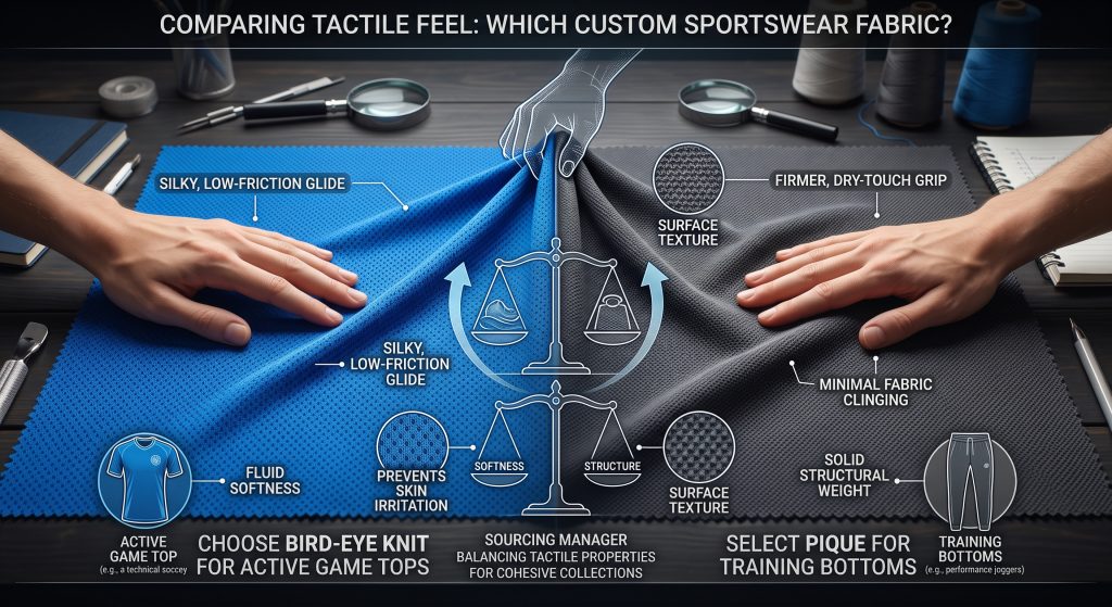 A photorealistic technical comparison showing two types of custom sportswear fabric: a turquoise Bird-Eye knit on the left and a charcoal grey Pique on the right. Hands interact with both. Text labels and conceptual graphics detail their distinct tactile properties (silky glide vs. firmer grip) and recommended uses in game tops and training bottoms, illustrating how a sourcing manager balances these properties for cohesive high-value collections, with no brand logos.