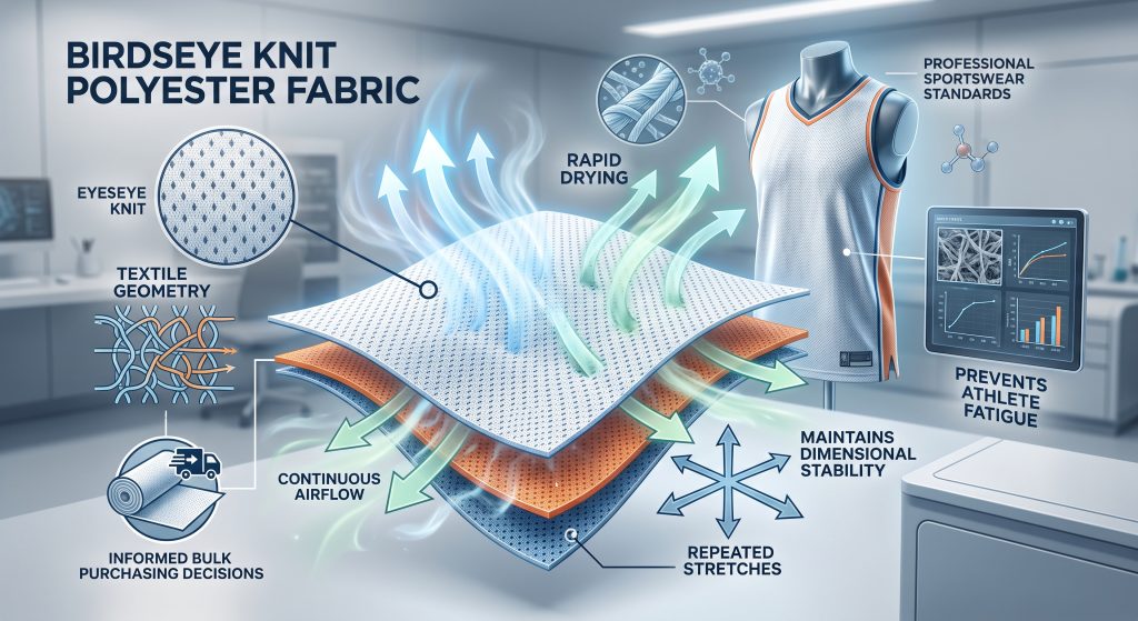 Infographic visualizing the functional and technical properties of Birdseye knit polyester fabric, illustrating its 'rapid drying' and 'continuous airflow' capabilities for professional basketball jersey production.