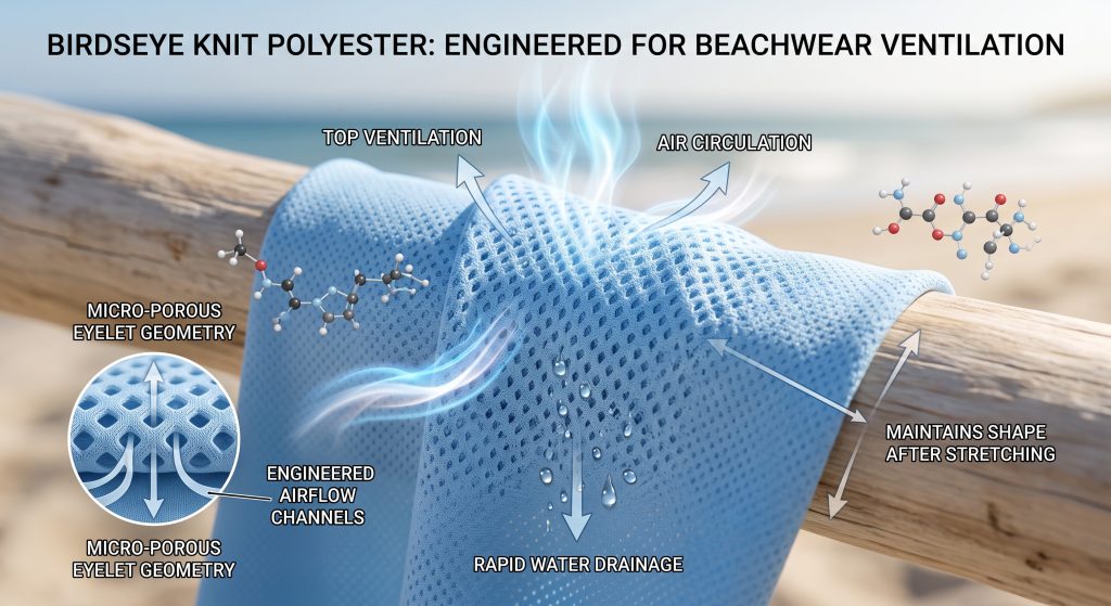 A macro photograph of sky blue Birdseye knit polyester fabric, featuring micro-porous eyelets that are visibly allowing blue vapor streams to pass through, illustrating top ventilation and air circulation. Small water droplets are also draining quickly off the fabric, showcasing rapid drainage and quick-drying performance. Stylized text overlays confirm 'TOP VENTILATION', 'AIR CIRCULATION', and 'RAPID WATER DRAINAGE', fulfilling activewear standards and maintaining shape after stretching.