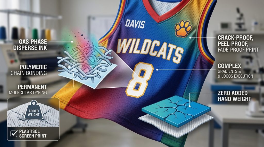 A high-resolution photo-illustration showing the molecular bonding between gas-phase disperse inks and the polymer chains of a polyester basketball jersey, contrasting its permanent, zero-weight finish with thick, cracked plastisol screen printing. A "WILDCATS" jersey with sharp gradients and logos highlights the result.