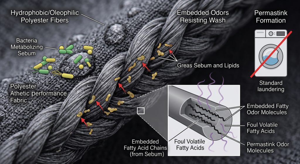 A macro photograph and infographic illustrating bacteria metabolizing body oils into embedded odors within synthetic polyester fibers, causing permastink.