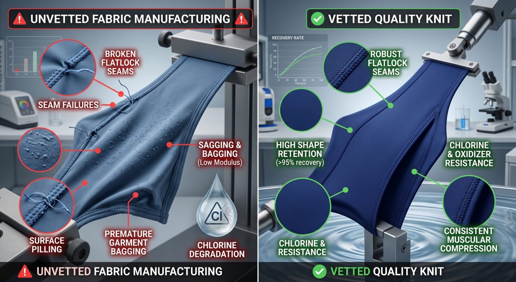 A side-by-side infographic comparison showing why vetting swimsuit fabric manufacturers matters. The left panel shows failures like broken seams, pilling, and sagging. The right panel demonstrates success with robust seams, high shape retention, and consistent compression under laboratory testing against pool oxidizers.