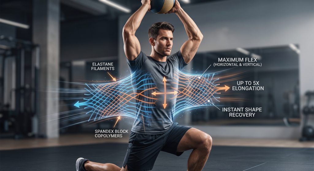 A macro holographic overlay visualizes stretching elastane filaments and spandex block copolymers within the fabric matrix during a deep overhead lunge by an athlete in a gym, emphasizing multi-directional elongation and recovery.