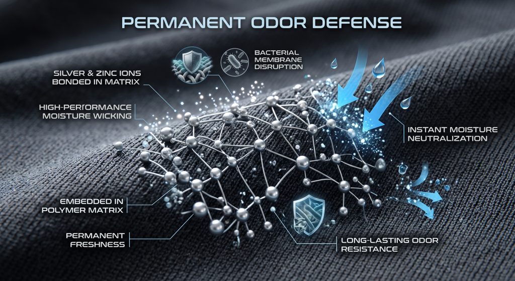 A close-up visualization of odor-resistant athletic fabric, showing silver and zinc ions permanently embedded within the synthetic fiber matrix, neutralizing bacteria upon contact with moisture, illustrating durable freshness for activewear.