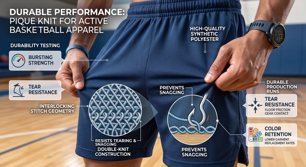 A detailed close-up of dark blue, taut synthetic pique knit fabric used in basketball shorts, held by an athletic hand. Overlays illustrate 'INTERLOCKING STITCH GEOMETRY' and 'DOUBLE-KNIT CONSTRUCTION' that prevent tearing and snagging, with diagrams of blocked snag attempts. Stylized icons point to 'BURSTING STRENGTH', 'TEAR RESISTANCE', and 'COLOR RETENTION' testing metrics. Background blurred basketball court.