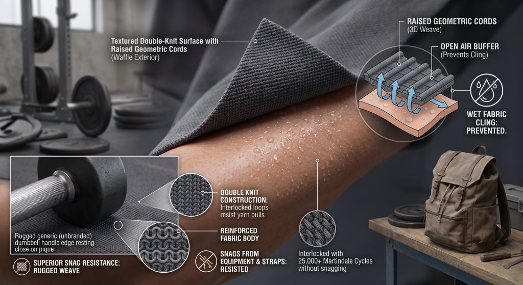 A photorealistic performance illustration showing a macro shot of charcoal grey pique fabric against a sweaty arm, demonstrating its raised geometric cords creating an open air buffer to prevent cling. Insets explain superior snag resistance against dumbbell edges, with technical specifications.