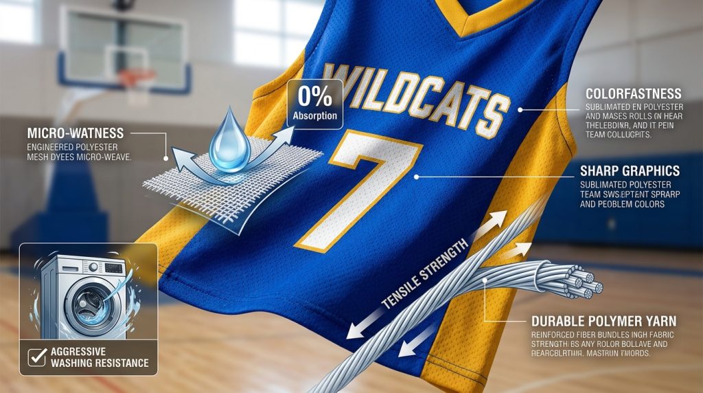 A performance illustration of blue and gold basketball jersey mesh fabric showing its key properties: a water droplet beading up to demonstrate zero absorption, arrows indicating tensile strength, a washing machine icon symbolizing aggressive washing resistance, and a crisp, sublimated team number 7 to highlight colorfastness and durability.