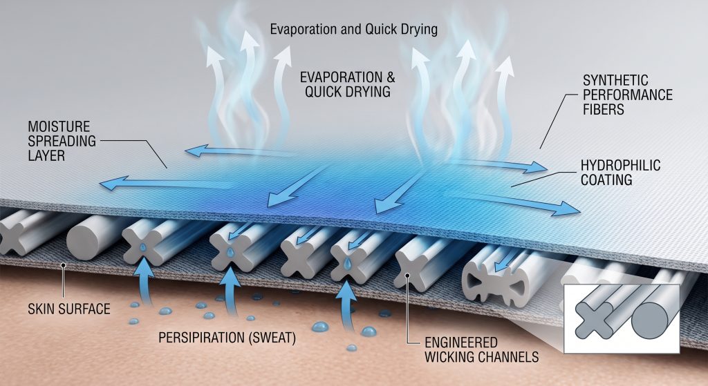 Macro-level technical illustration of the sweat-wicking and drying process within synthetic performance sports material. It shows engineered yarn channels using capillary action to pull sweat from skin, moisture spreading across the outer layer, and evaporation into the air, labeled with technical terms.