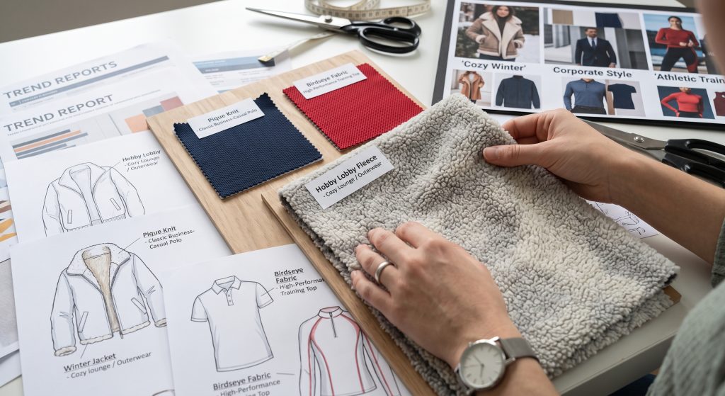 A professional apparel designer's work table with hands touching a textured Hobby Lobby Fleece swatch, flanked by Pique and Birdseye fabrics, next to garment sketches like a winter jacket, a polo shirt, and an athletic top, demonstrating matching fabric properties to end-use.