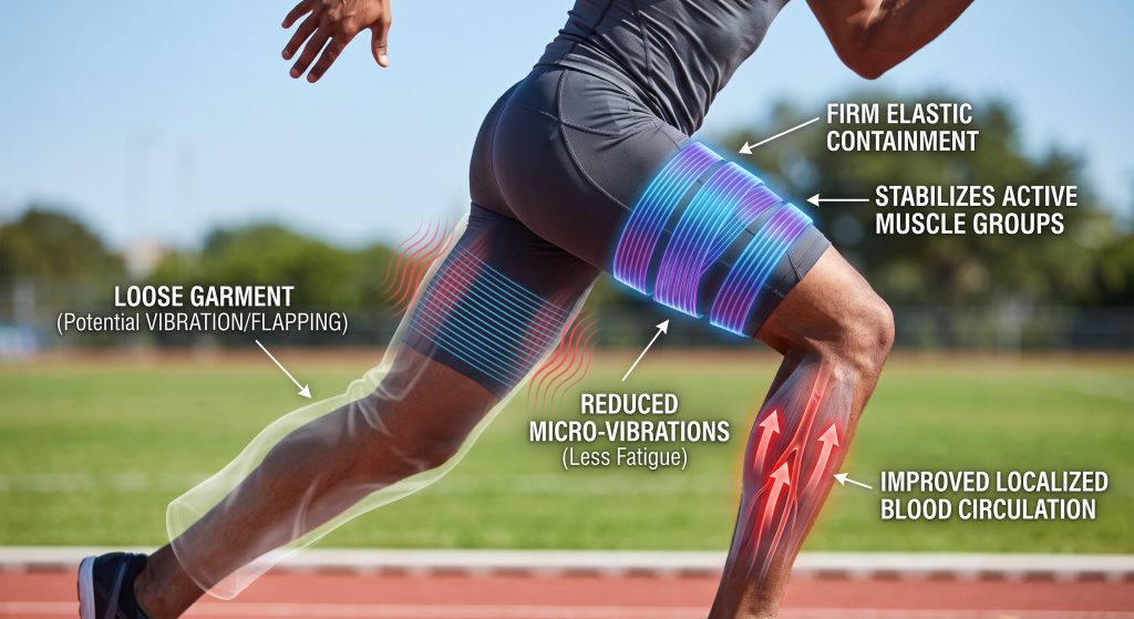 A dynamic infographic visualization overlaid on a runner’s legs in motion, illustrating the functions of compression fabric. A compressed leg shows blue graphic bands indicating muscle stabilization and vibration reduction, while upward red arrows show supported blood circulation. A trailing, ghostly uncompressed outline represents garment flapping and vibration.