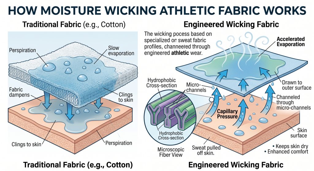 Infographic illustrating how engineered athletic fabric uses capillary pressure and micro-channels in hydrophobic fibers to pull sweat away from the skin to the surface for fast evaporation.