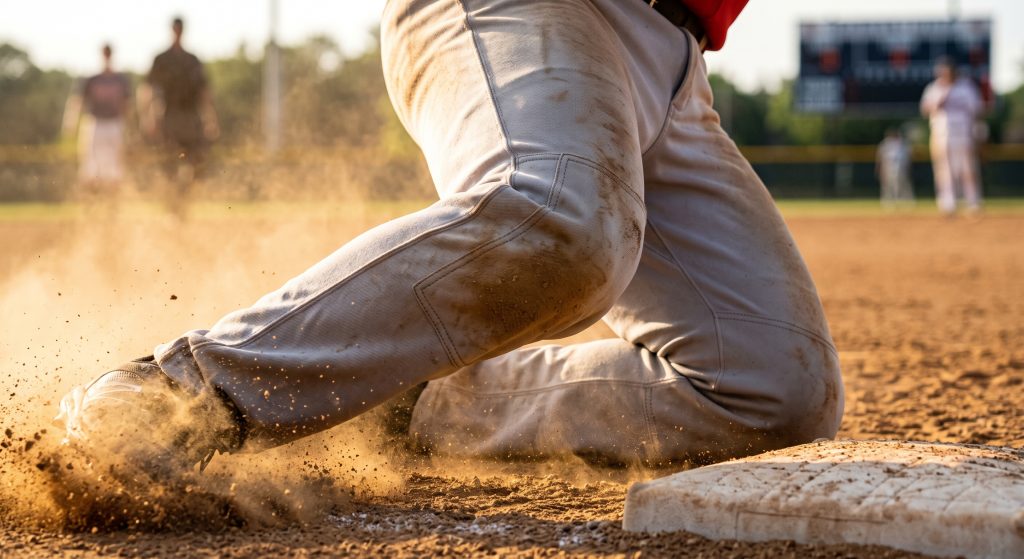 A close-up photograph capturing a baseball player sliding into a base on a dusty infield. The high-density cotton pants show significant resistance against abrasive dirt and clay, scuffed but intact. A distinct double-stitched reinforced knee patch is visible on the sliding leg, demonstrating double-layered construction. Golden hour sunlight highlights the textures of the fabric, dust, and dirt.