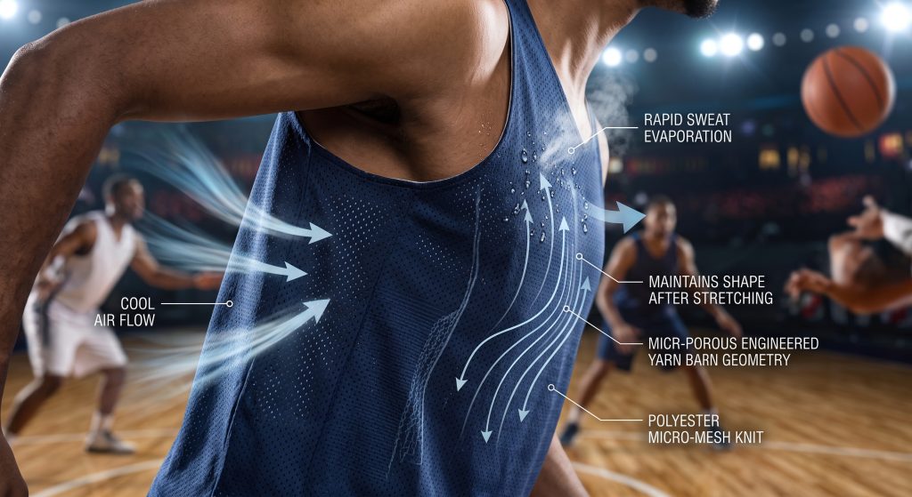 A detailed macro close-up photo visualizing the performance of a high-ventilation polyester micro-mesh basketball jersey fabric on an active player mid-game. Subtle conceptual vapor trails show cool air continuously reaching the skin through engineered micro-pores, while sweat rapidly evaporates across the structural knit geometry. Overlays indicate 'POLYESTER MICRO-MESH KNIT,' 'RAPID SWEAT EVAPORATION,' 'COOL AIR FLOW,' and 'MAINTAINS SHAPE AFTER STRETCHING,' illustrating how technical Activewear prevents heat buildup during high-intensity competition.
