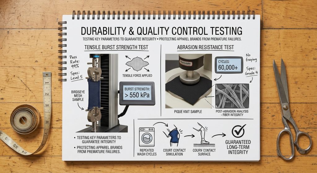 A detailed flat-lay photograph of an apparel research notebook and quality control equipment, showing tensile burst strength and abrasion resistance tests being performed on Birdseye mesh and pique knit fabrics. Includes diagrams of court contact and washing simulations.