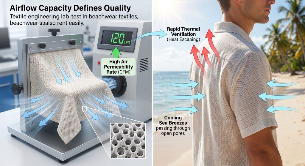 Visualization of how airflow capacity defines quality in beachwear textiles. The left panel shows a laboratory air permeability test measuring high CFM (Cubic Feet per Minute), guaranteeing cooling efficiency. The right panel shows textured fabric worn under bright sunlight, with graphical arrows illustrating rapid thermal ventilation (heat escaping) and cool sea breezes passing through open pores, directly correlating higher airflow with lower skin surface temperatures.