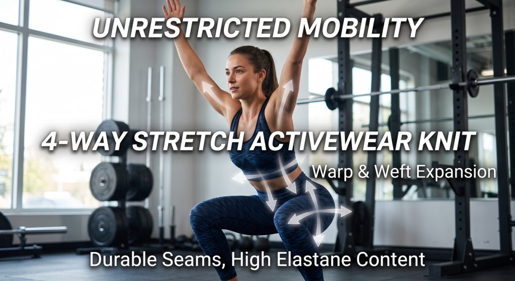 Visual comparison showing how 4-way stretch activewear fabric enables unrestricted mobility and stretches horizontally and vertically, unlike binding 2-way stretch fabric.