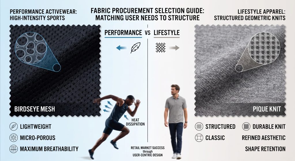 A technical procurement infographic comparing sports fabrics. The left side, representing high-intensity activewear, features magnified black Birdseye Mesh with icons for lightweight, micro-porous, and maximum breathability. The right side, for lifestyle apparel, shows magnified grey structured Pique Knit with icons for structured durability and refined aesthetic. Integrated graphics illustrate thermal management and structure for retail market success.