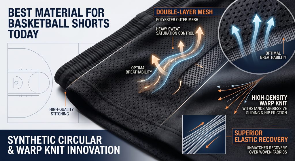 Technical infographic close-up visualization of the top-tier fabric structure for basketball shorts, displaying double-layer polyester mesh and high-density warp knit fabrics. Overlaid graphics show elastic recovery and durability features against sliding, friction, and heavy sweat saturation. Text headings read "BEST MATERIAL FOR BASKETBALL SHORTS TODAY" and "SYNTHETIC CIRCULAR & WARP KNIT INNOVATION."