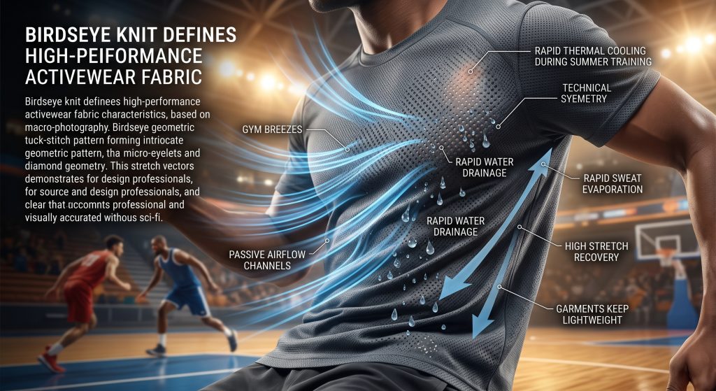 A detailed macro visualization of dynamic BirdsEye knit performance activewear, showing how its geometric tuck-stitch pattern creates passive airflow channels and micro-eyelets to wick moisture and cool the skin during high-intensity training. Cool blue arrows illustrate 'gym breezes' actively flowing through the diamond channels.