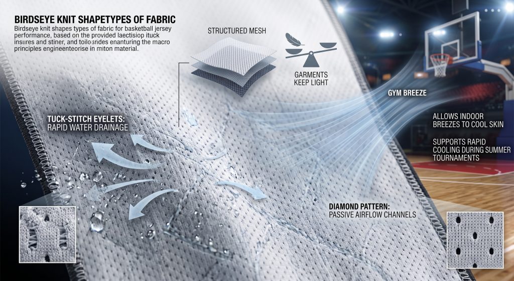 Close-up visualization of Birdseye knit basketball jersey fabric, detailing the intricate tuck-stitch eyelet pattern and structured mesh that forms diamond airflow channels. Transparent graphical arrows illustrate passive ventilation wicking away heat and moisture from the skin during dynamic indoor gym activity.