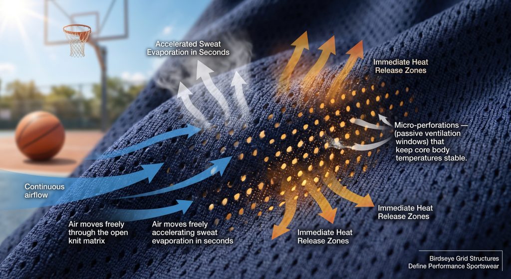 A detailed close-up and functional infographic of Birdseye mesh fabric for basketball shorts, showing the grid structure, micro-eyelets, and illustrations of airflow for ventilation, sweat evaporation, and heat release for summer training gear.