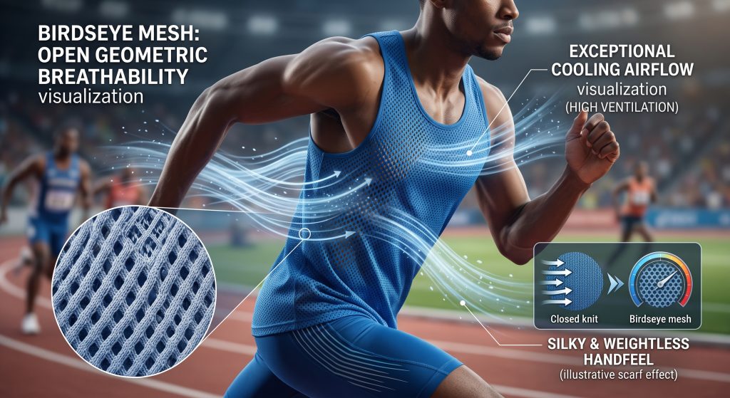 A professional B2B technical infographic visual answering which fabric is best for sports by demonstrating exceptional cooling airflow in Birdseye mesh athletic fabric. Dynamic blue and white airflow particles are shown passing effortlessly through the open micro-diamond geometric pores of a running singlet worn by an athlete during tournament competition. Inset visualizations show magnified Birdseye mesh vs closed knit structures, comparing ventilation performance. Technical callouts highlight: OPEN GEOMETRIC BREATHABILITY visualization, EXCEPTIONAL COOLING AIRFLOW visualization (HIGH VENTILATION), and weightless sensation. The setting is a dynamic stadium track.