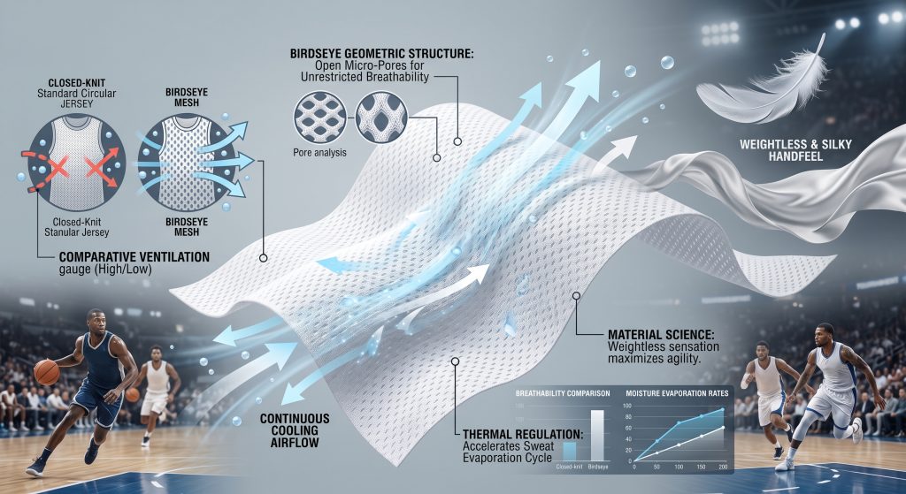 A dynamic B2B infographic visual demonstrating how dynamic light blue airflow arrows pass effortlessly through the magnified micro-diamond geometric pores of white Birdseye mesh athletic fabric, illustrating high ventilation and exceptional cooling. A comparison diagram shows blocked airflow in a standard closed circular jersey knit. Virtual data overlays analyze technical performance: 'AIR PERMEABILITY Visualization (High/Active),' 'MOISTURE VAPOR TRANSPORT visualization (Rapid Evaporation Cycle),' and 'MATERIAL SCIENCE Callout: Silky Handfeel & Weightless Sensation (floating feather symbol).' Blurred background integrates high-tempo tournament athletes in motion, emphasizing competitive sportswear material science. Composition focuses on dynamic interaction and material analysis.