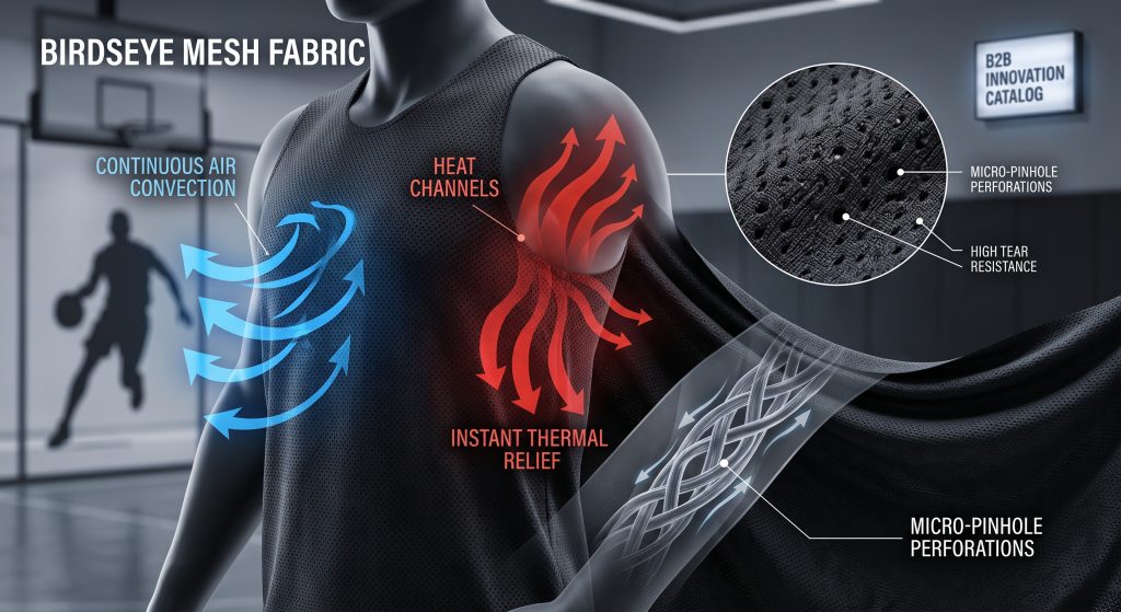 A technical close-up photograph of black Birdseye mesh sports fabric showing graphical overlays of air convection arrows and heat channels, visualizing thermal relief and airflow through micro-perforations, with a magnification inset highlighting high tear resistance for athletic apparel procurement.