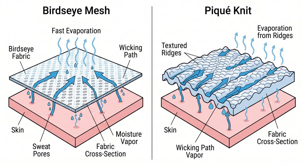 A technical diagram comparing the moisture vapor transfer mechanisms of two sports fabrics: Birdseye mesh and Piqué knit. The Birdseye section illustrates quick, direct moisture transport through short yarn paths for fast evaporation. The Piqué section shows how a raised texture stores sweat within ridges, keeping the damp fabric off the skin.