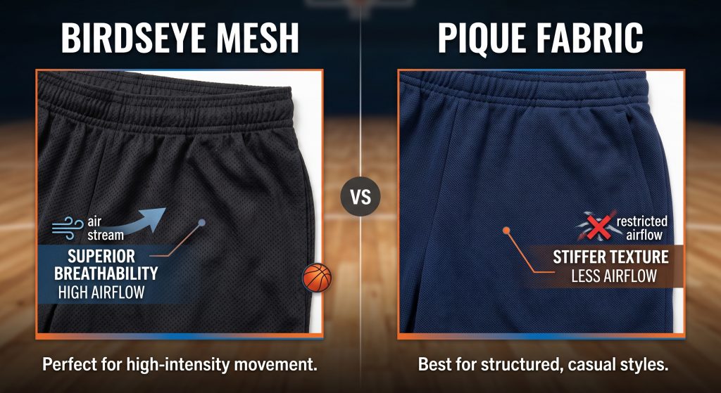 Close-up texture comparison of Birdseye mesh fabric and Pique fabric for athletic shorts, highlighting the diamond pattern and waffle texture.