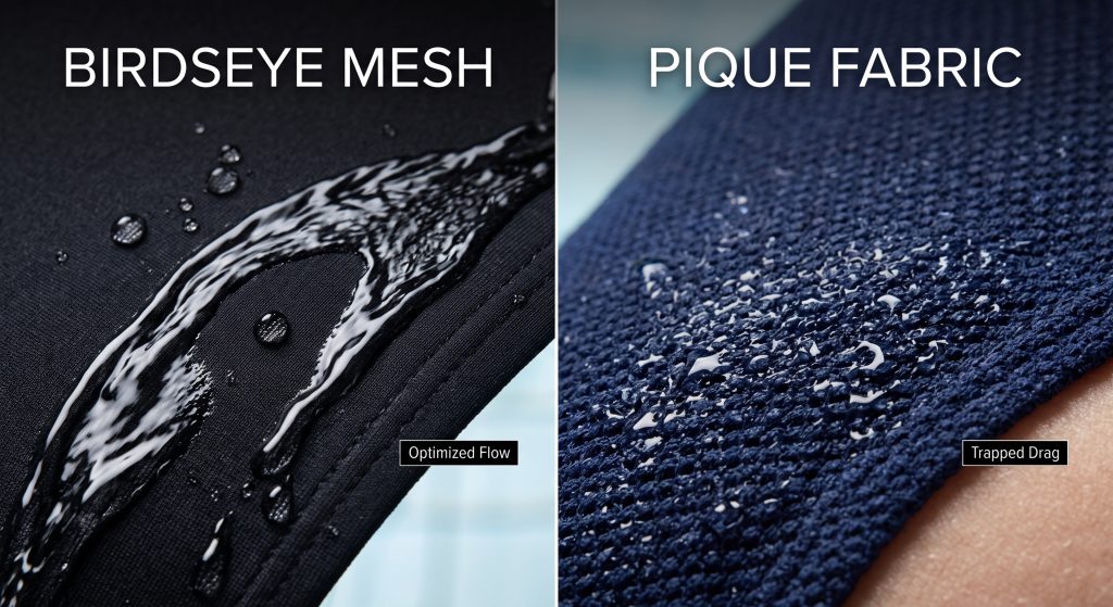A macro side-by-side comparison of competitive swimwear fabrics: The left panel shows smooth black Birdseye Mesh with diamond micro openings and water flowing smoothly (Optimized Flow). The right panel shows navy blue Pique Fabric with a raised waffle texture trapping water pockets (Trapped Drag), illustrating differences in hydrodynamic drag and texture.