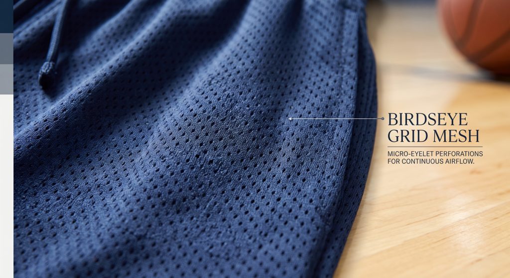 A close-up macro photograph showing the detailed Birdseye grid mesh fabric structure of performance basketball shorts, highlighting the specific micro-eyelet perforations that provide continuous passive airflow. The integrated white text overlay reads: "BIRDSEYE GRID MESH" and "MICRO-EYELET PERFORATIONS FOR CONTINUOUS AIRFLOW."