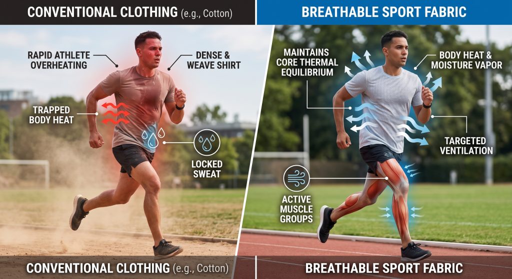 A vertical split infographic image comparing two athletes running under physical exertion. The left side, representing 'CONVENTIONAL CLOTHING,' shows trapped body heat and locked sweat leading to rapid athlete overheating. The right side, representing 'BREATHABLE SPORT FABRIC,' visualizes body heat and moisture vapor freely escaping through technical mesh fabric with visible yarn gaps, maintaining core thermal equilibrium and facilitating targeted cooling of active muscle groups.