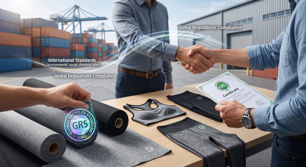 A sophisticated photorealistic B2B visual illustrating the dynamic interplay between a certified GRS jersey fabric dealer and an activewear brand owner. A firmer handshake exchanges a verified Global Recycled Standard certificate over dynamic close-ups of textured jersey activewear prototypes (sports bra, leggings). Overlays visualize 'International Standards' (environmental, social, chemical safety) and 'Secure Supply Chain' pointing towards a blurred background of a modern textile warehouse and container port harbor, representing global import compliance.