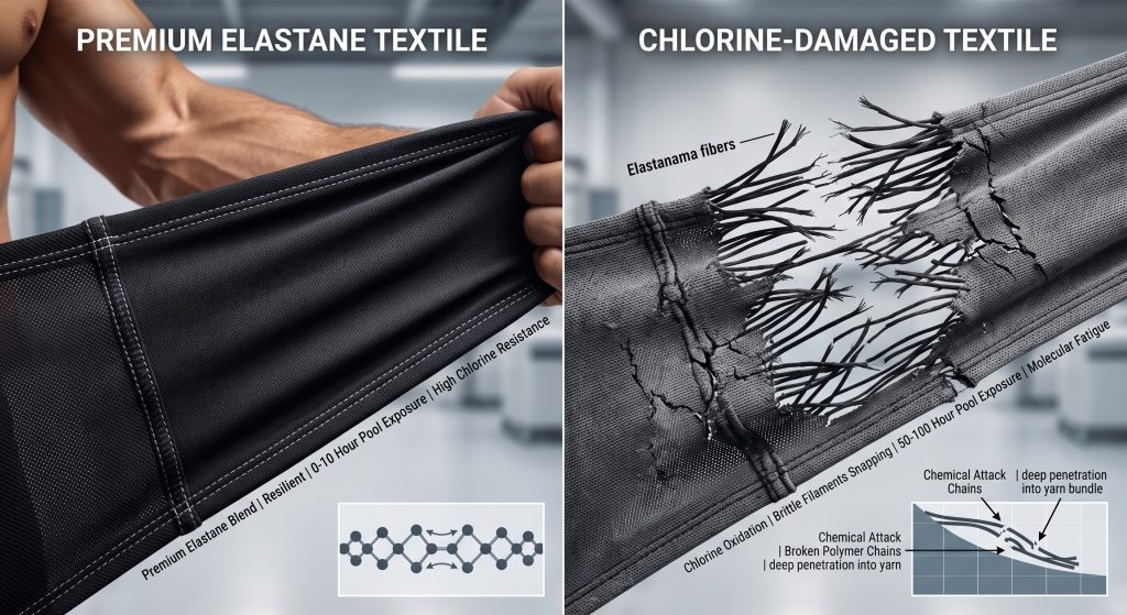 A photorealistic comparison showing a resilient black synthetic swimwear textile (left) juxtaposed with brittle, faded fabric where multiple elastane fibers have snapped due to chlorine oxidation and chemical bond penetration (right).