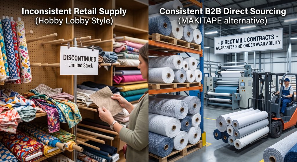 A photograph comparing chaotic, empty retail shelves stocked with discontinued Hobby Lobby fabric versus orderly, bulk fabric rolls inside a B2B textile factory warehouse.