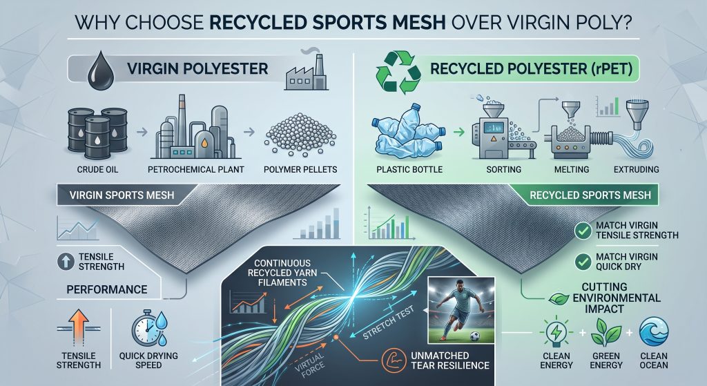 A technical comparison infographic for sportswear manufacturers explaining why choose Recycled Sports Mesh Fabric over Virgin Poly. It contrasts "VIRGIN POLYESTER" on the left (from petrochemicals) with "RECYCLED POLYESTER (rPET)" on the right (from post-consumer crushed plastic bottles). The visual illustrates matching tensile strength and rapid drying speed for both meshes, but emphasizes "CUTTING ENVIRONMENTAL IMPACT" with rPET. At the bottom, a focused scene details "CONTINUOUS RECYCLED YARN FILAMENTS" which deliver "UNMATCHED TEAR RESILIENCE" during dynamic athletic gameplay, like铲球, making it highly durable for demanding sportswear.