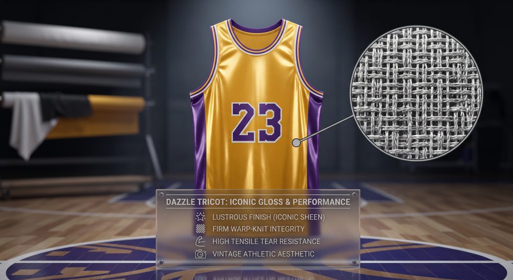 A professional product showcase photo of a vintage-style gold and purple basketball jersey made from Dazzle Tricot. The jersey's gold sections show a high-gloss, reflective sheen under specular lighting. A magnified circular inset on the right highlights the firm warp-knit structure, with the grid pattern clearly visible. A performance display plaque below details the fabric's characteristics: iconic lustrous finish, firm warp-knit integrity, high tensile tear resistance, and vintage athletic aesthetic, intended for sportswear procurement and manufacturing. A blurred background of fabric rolls and a basketball court pattern provides context.