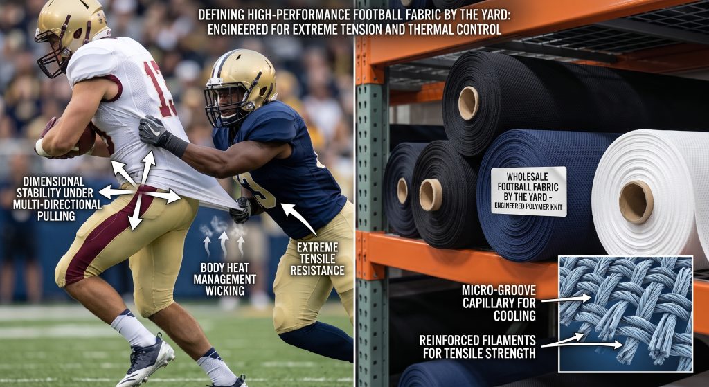 A high-resolution dynamic and static composite photograph defining high-performance football fabric by the yard. The left panel shows soccer players grappling under intense multi-directional pulling, illustrating dimensional stability under severe tension. The right panel displays stacked rolls of black, navy blue, and white engineered polymer knit fabric in a warehouse environment, including a technical inset diagram showing extreme mechanical tension resilience and body heat management wicking capabilities. Callouts define engineered structure and durability.