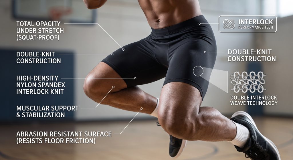 A technical visualization and photorealistic illustration demonstrating the "squat-proof" performance of high-density nylon spandex interlock knitted fabric in basketball compression shorts. An athlete executes an explosive jump from a deep squat, maximally stretching the dark fabric, which maintains total opacity. integrated call-outs explain technical claims: "TOTAL OPACITY UNDER STRETCH", "DOUBLE-KNIT CONSTRUCTION (SQUAT-PROOF)", "HIGH-DENSITY NYLON SPANDEX INTERLOCK KNIT", "MUSCULAR SUPPORT & STABILIZATION", and "ABRASION RESISTANT SURFACE (RESISTS FLOOR FRICTION)". A magnified inset visualizes the complex interlocked weave structure. Suitable for activewear manufacturing product pages.