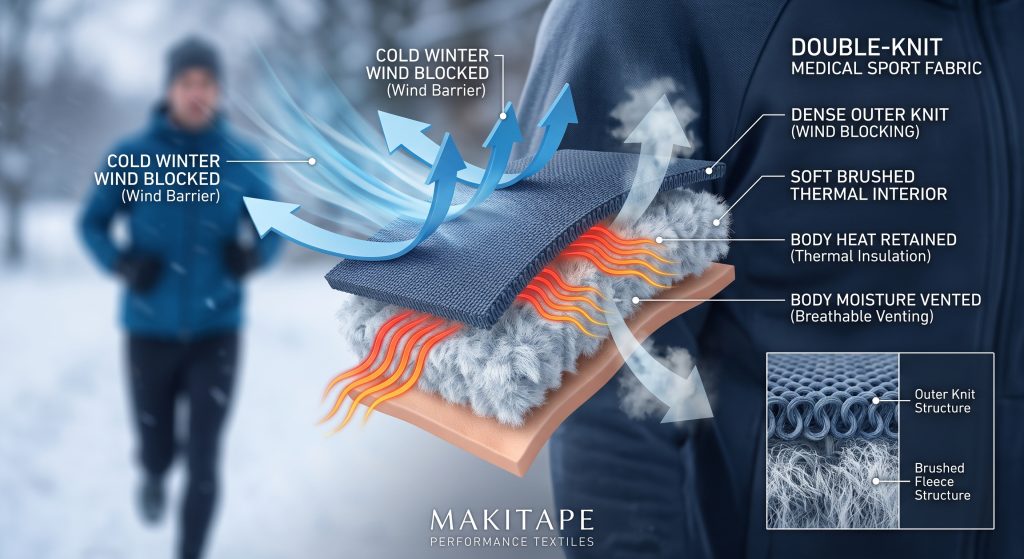 A B2B technical illustration and photorealistic visualization on a runner's jacket sleeve, demonstrating how double-knit medical sport fabric blocks cold winter wind with its dense outer face, provides thermal warmth via its soft brushed interior fleece, and vents body moisture during training through integrated breathable apertures. Includes a magnified inset showing the fiber structure of both layers.