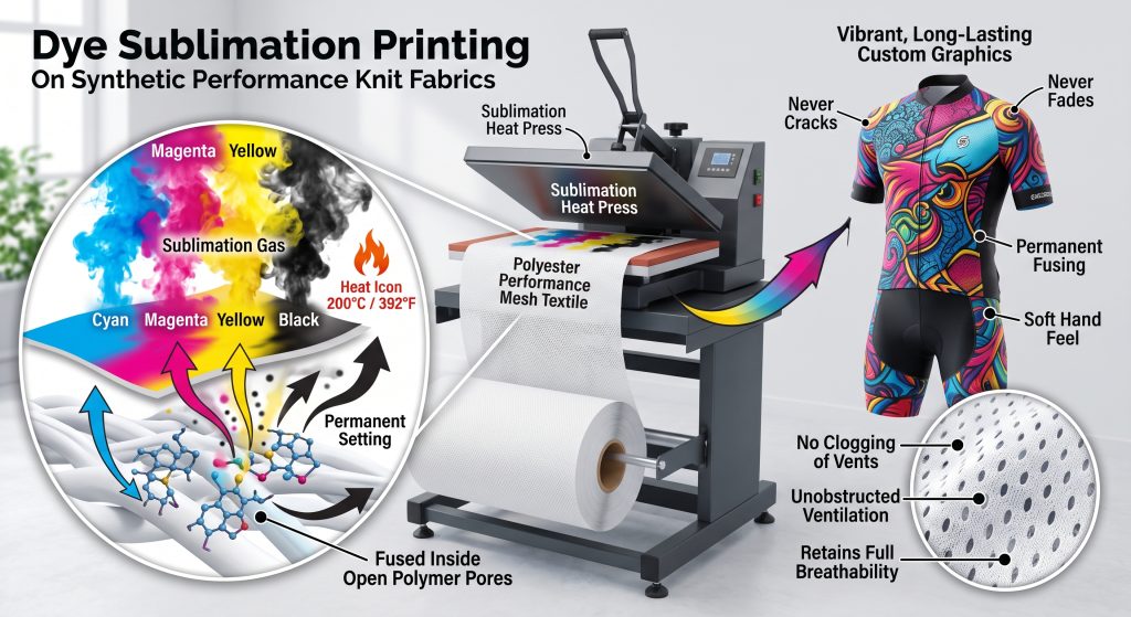 A detailed B2B infographic illustrating the dye sublimation printing process on synthetic performance knit fabric. It visualizes the conversion of disperse dyes into gas at 200°C (392°F), which then fuse permanently within the open polymer pores of the polyester fibers, producing vibrant, custom graphics without clogging the fabric ventilation vents, thus retaining full air permeability.